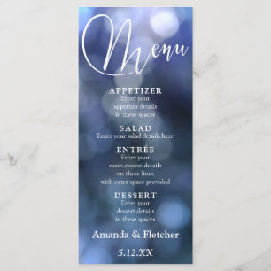 Blauer Bokeh-Licht- & Typografie-32-Hochzeitsmenü Menükarte