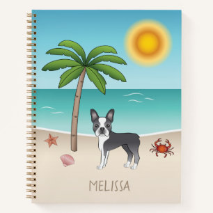 Blauer Boston Terrier an einem tropischen Sommerst Notizblock