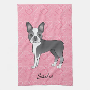 Blauer Boston Terrier Hund auf rosa Herzen und Nam Geschirrtuch