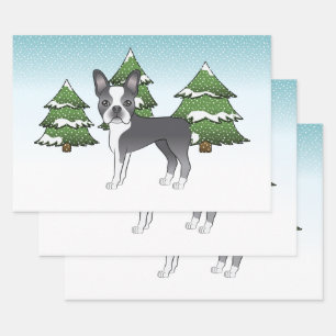 Blauer Boston Terrier in einem Winterwald-Wrap Geschenkpapier Set