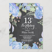 Blauer Botanischer Blumenstrauß zum 13. Geburtstag Einladung (Vorne/Hinten)