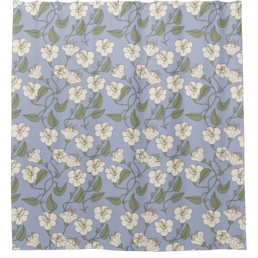 Blauer botanischer Duschvorhang mit Blumencocktail (Vorderseite)