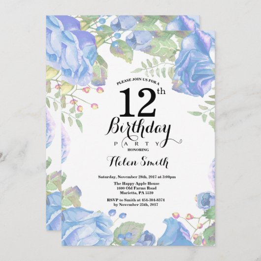 Blauer Botanischer Garten 12. Geburtstag Einladung (Vorne/Hinten)