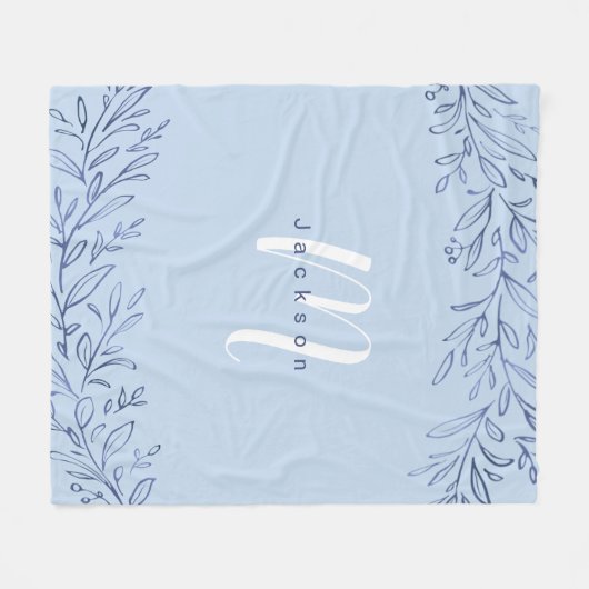 Blauer botanischer personalisierter Name und Monog Fleecedecke (Vorderseite (Horizontal))