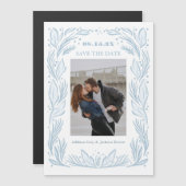 Blauer botanischer Rahmen Save the Date Magneteinladung (Vorne/Hinten)