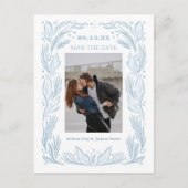 Blauer botanischer Rahmen Save the Date Postkarte (Vorderseite)