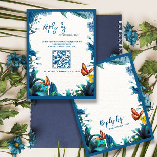 Blauer Botanischer Schmetterling QR-Code Hochzeit RSVP Karte