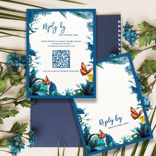 Blauer Botanischer Schmetterling QR-Code Hochzeit  RSVP Karte