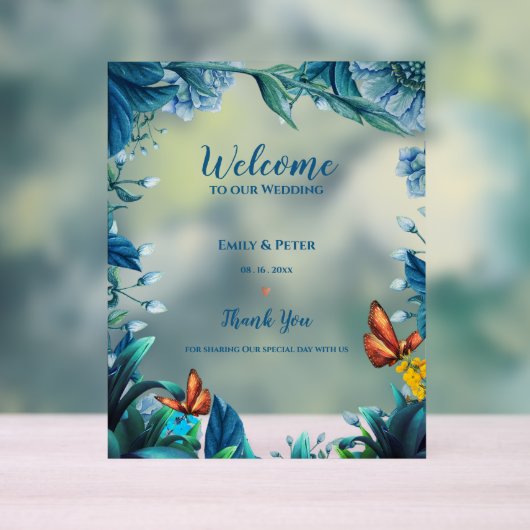 Blauer Botanischer Schmetterling Willkommen Bei Un Acrylschild (Neutral)