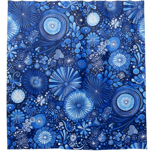 Blauer Botanischer Shibori Duschvorhang (Vorderseite)