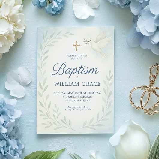 Blauer botanischer Taufen Einladung mit Taube