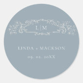 Blauer botanischer Wappen-Monogramm-Hochzeit Runder Aufkleber (Vorderseite)