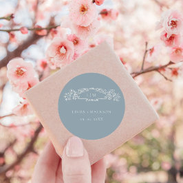 Blauer botanischer Wappen-Monogramm-Hochzeit Runder Aufkleber