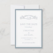 Blauer botanischer Wappen-Monogramm-Hochzeit Save The Date (Vorderseite)