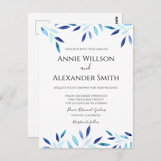 Blauer botanischer Winter Hochzeit Postkarte (Vorne/Hinten)