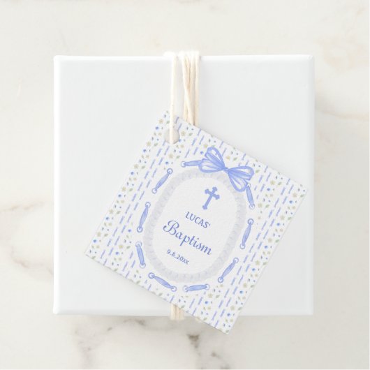 Blauer Bow-Band-Rahmen Blumentaufen Geschenkanhänger (Beispiel)