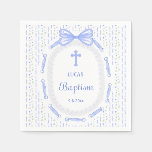 Blauer Bow-Band-Rahmen Blumentaufen Serviette (Vorderseite)