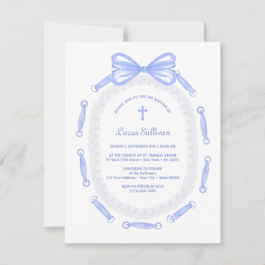 Blauer Bow-Band-Rahmen-Taufe Einladung (Vorderseite)