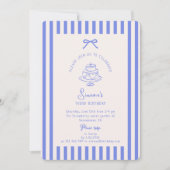 Blauer Bow, gestreifter Blauer Geburtstag Einladung (Vorderseite)