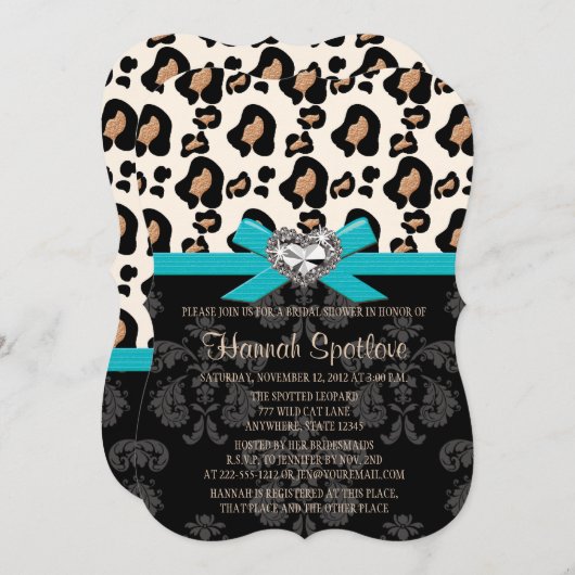 Blauer Bow Leopard Print-Imitat Blähungen Brautpar Einladung (Vorne/Hinten)