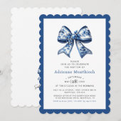 Blauer Bow Ribbon Elegante Taufe Einladung (Vorne/Hinten)