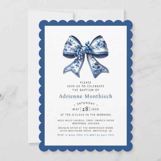 Blauer Bow Ribbon Elegante Taufe Einladung (Vorderseite)