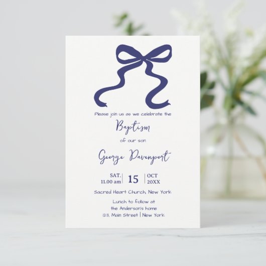 Blauer Bow Taufe Religiöse Veranstaltung Einladung (Stehend Vorderseite)