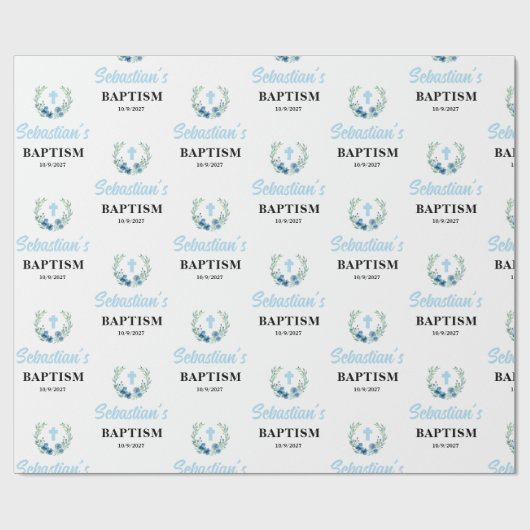 Blauer Boy Bloral Taufe Geschenkpapier (Flach)