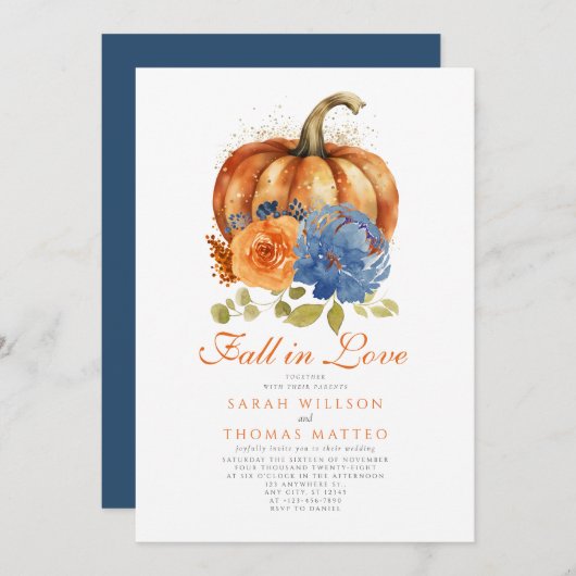 Blauer Brandherd Orangen Blütenfall in Liebe Einladung (Vorne/Hinten)