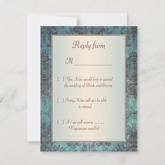 Blauer brauner Damast Erwiderung der Einladung, UA RSVP Karte (Rückseite)