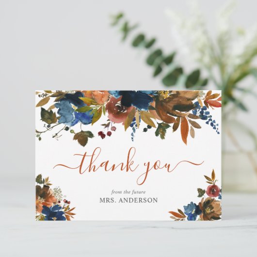 Blauer Brauner Fall in der Liebe Herbst Brautparty Dankeskarte (Stehend Vorderseite)