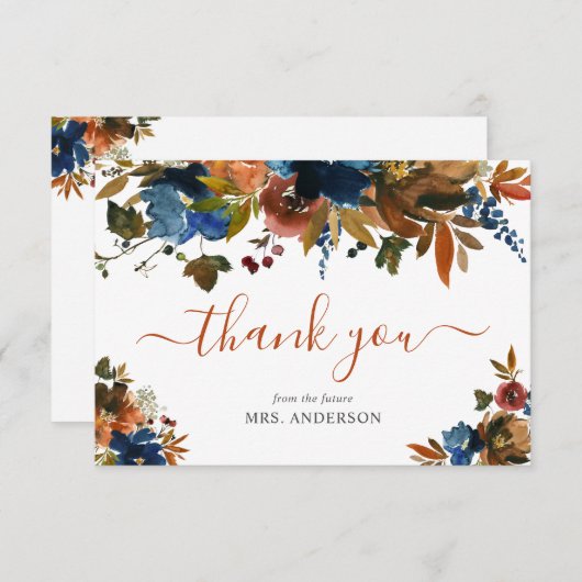 Blauer Brauner Fall in der Liebe Herbst Brautparty Dankeskarte (Vorne/Hinten)