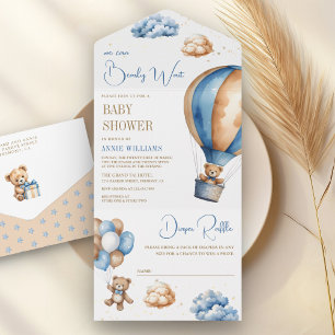Blauer Brauner Heißluftballon Teddybär Baby Shower All In One Einladung