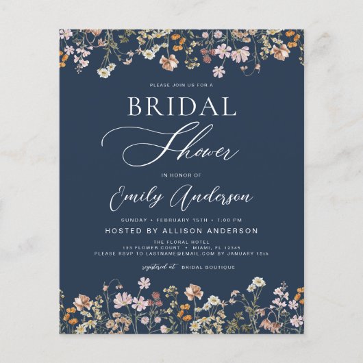 Blauer Brautdusche der Navy Wildblume Einladung (Vorderseite)