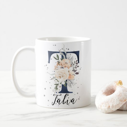 Blauer Brief T Pfirsichblütenmonogramm Kaffeetasse (Mit Donut)