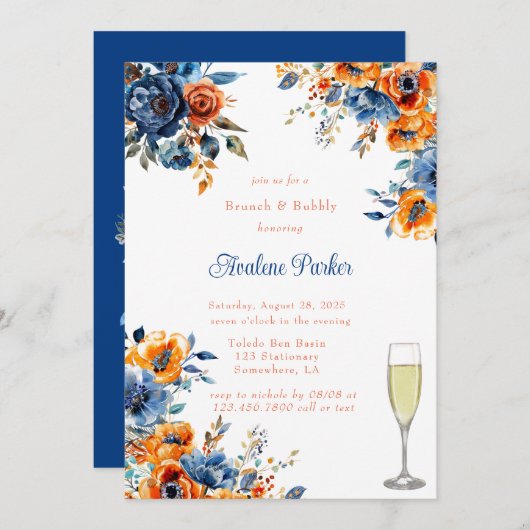 Blauer Brunch & Bubbly, orange Einladung (Vorne/Hinten)