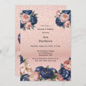 Blauer Brunch & Rose Gold Floral Brunch und Bubbly Einladung (Vorne/Hinten)