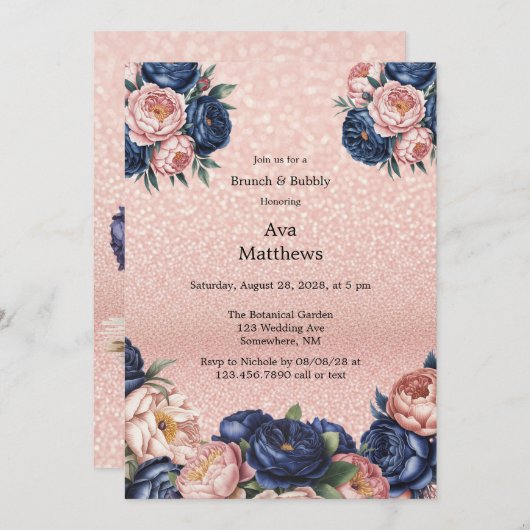 Blauer Brunch & Rose Gold Floral Brunch und Bubbly Einladung (Vorne/Hinten)