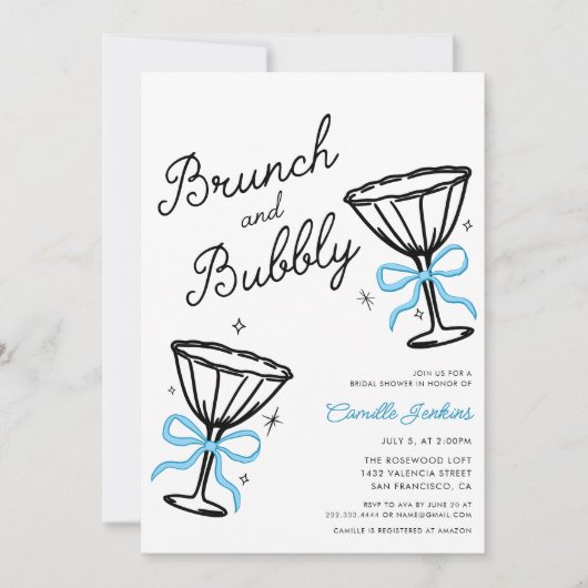 Blauer Brunch und Blubbly Hand Drawing Einladung (Vorderseite)