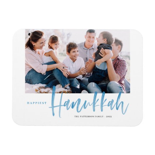 Blauer Brush Kalligrafie Happiest Hanukkah-Foto Magnet (Horizontal)