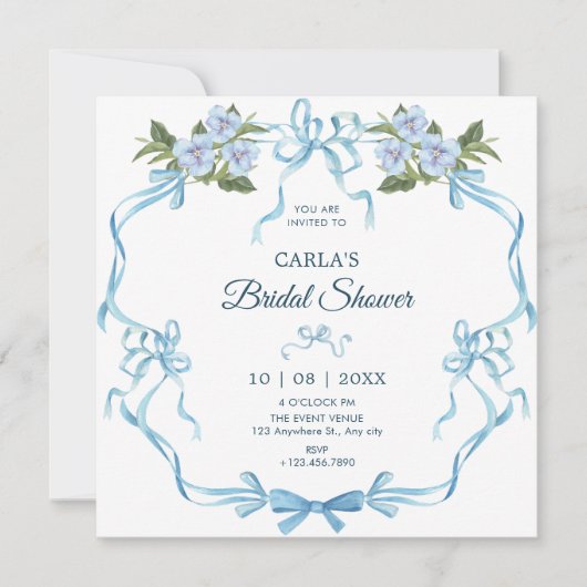 Blauer Bugband-Brautparty Einladung (Vorderseite)