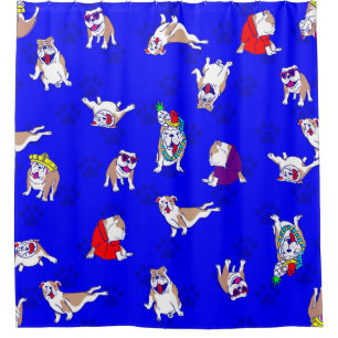 blauer Bulldogge lustiger Hund whimsical Pfotenabd Duschvorhang