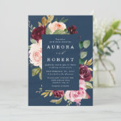Blauer Burgund Gold Blush Pink Blues Hochzeit Einladung (Stehend Vorderseite)