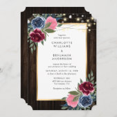 Blauer Burgund Pink Gold Rustikale Holzblume Einladung (Vorne/Hinten)