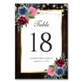 Blauer Burgund Pink Gold Rustikale Holzblume Tischnummer (Rückseite)