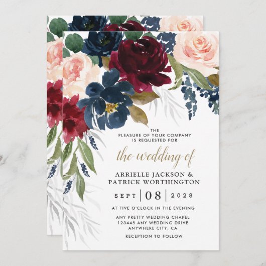 Blauer Burgundy Blush Pink Silver Gold Wedding Einladung (Vorne/Hinten)