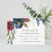 Blauer Burgundy Blush Pink Silver Gold Wedding RSVP Karte (Stehend Vorderseite)