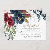 Blauer Burgundy Blush Pink Silver Gold Wedding RSVP Karte (Vorne/Hinten)