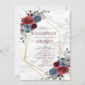 Blauer Burgundy Geometric Blumenmarmorfeder Einladung (Vorderseite)