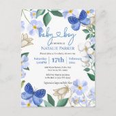 Blauer Butterfly Blumenblätterjunge Babydusche Einladungspostkarte (Vorderseite)
